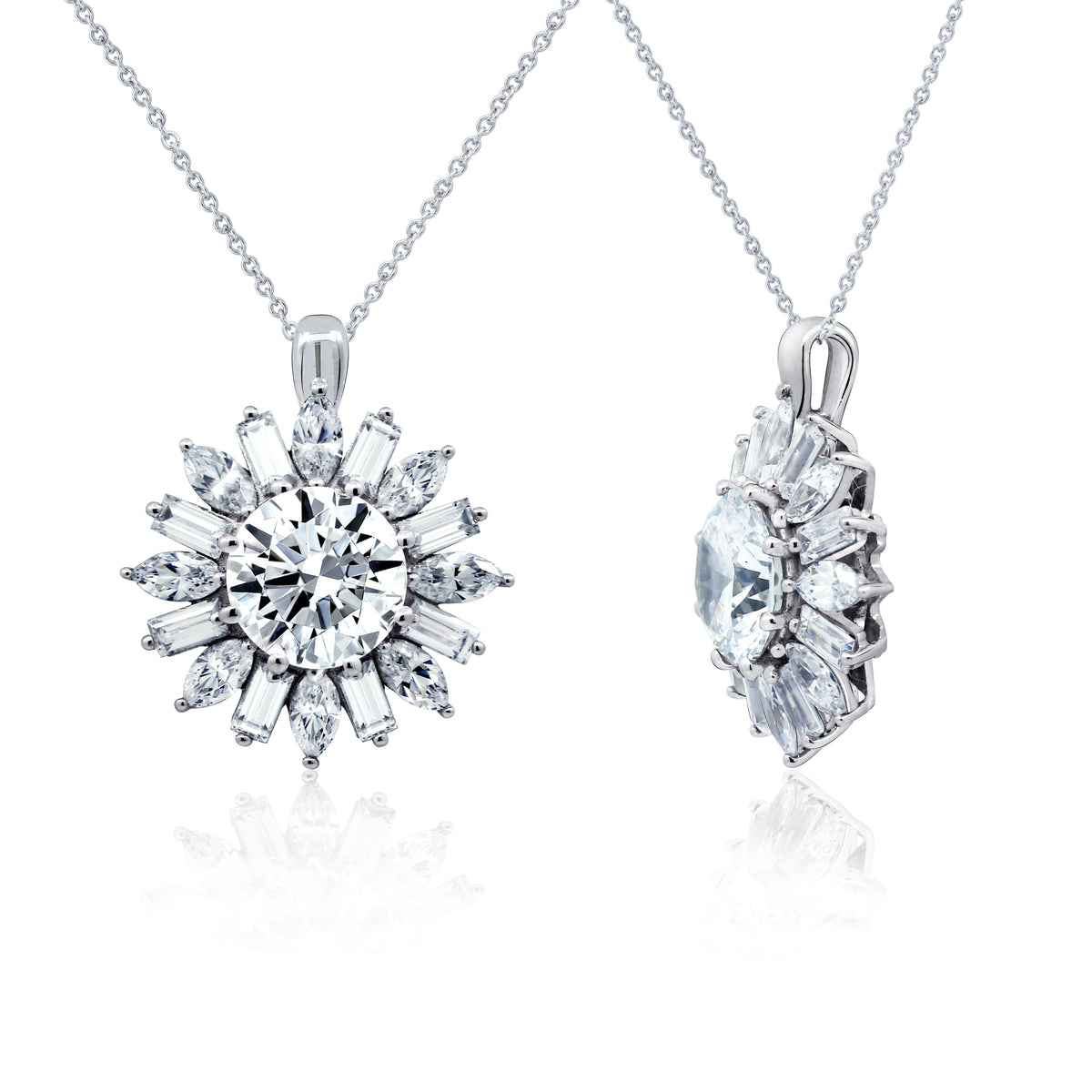 LUX GEM Sterling Silver Flower Halo Pendant Necklace